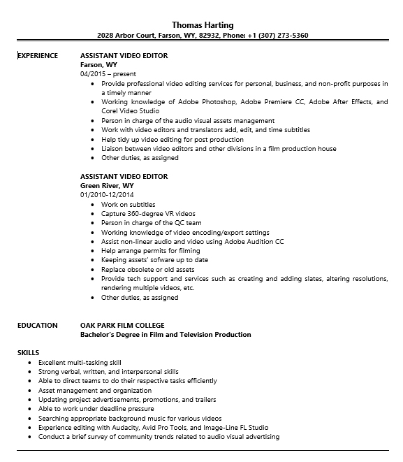 assistant video editor resume sample