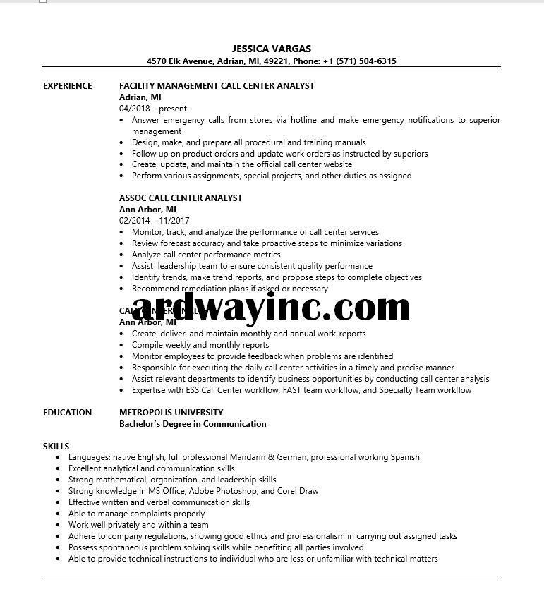 Call Center Analyst resume sample 1