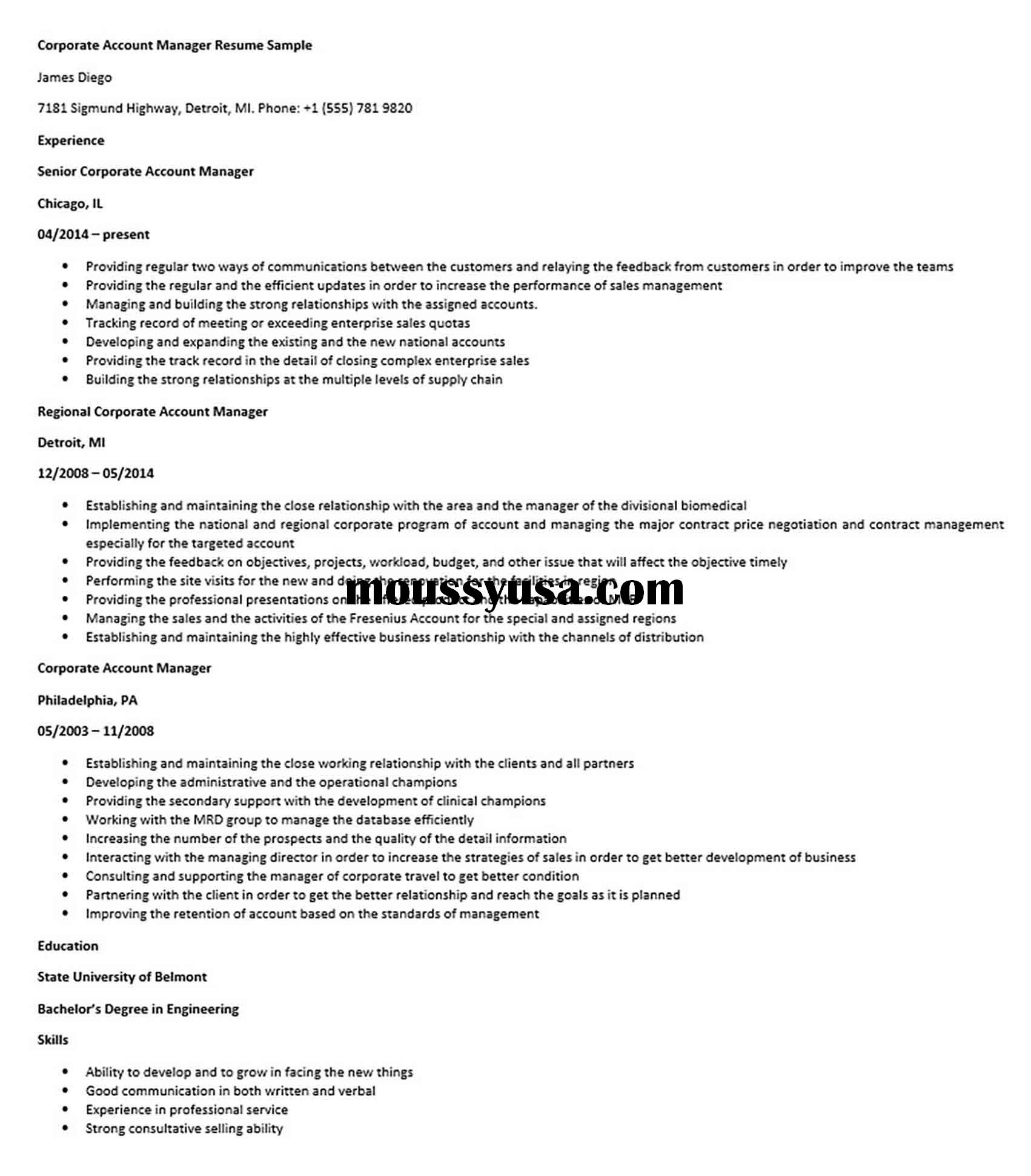 Corporate Account Manager Resume Sample