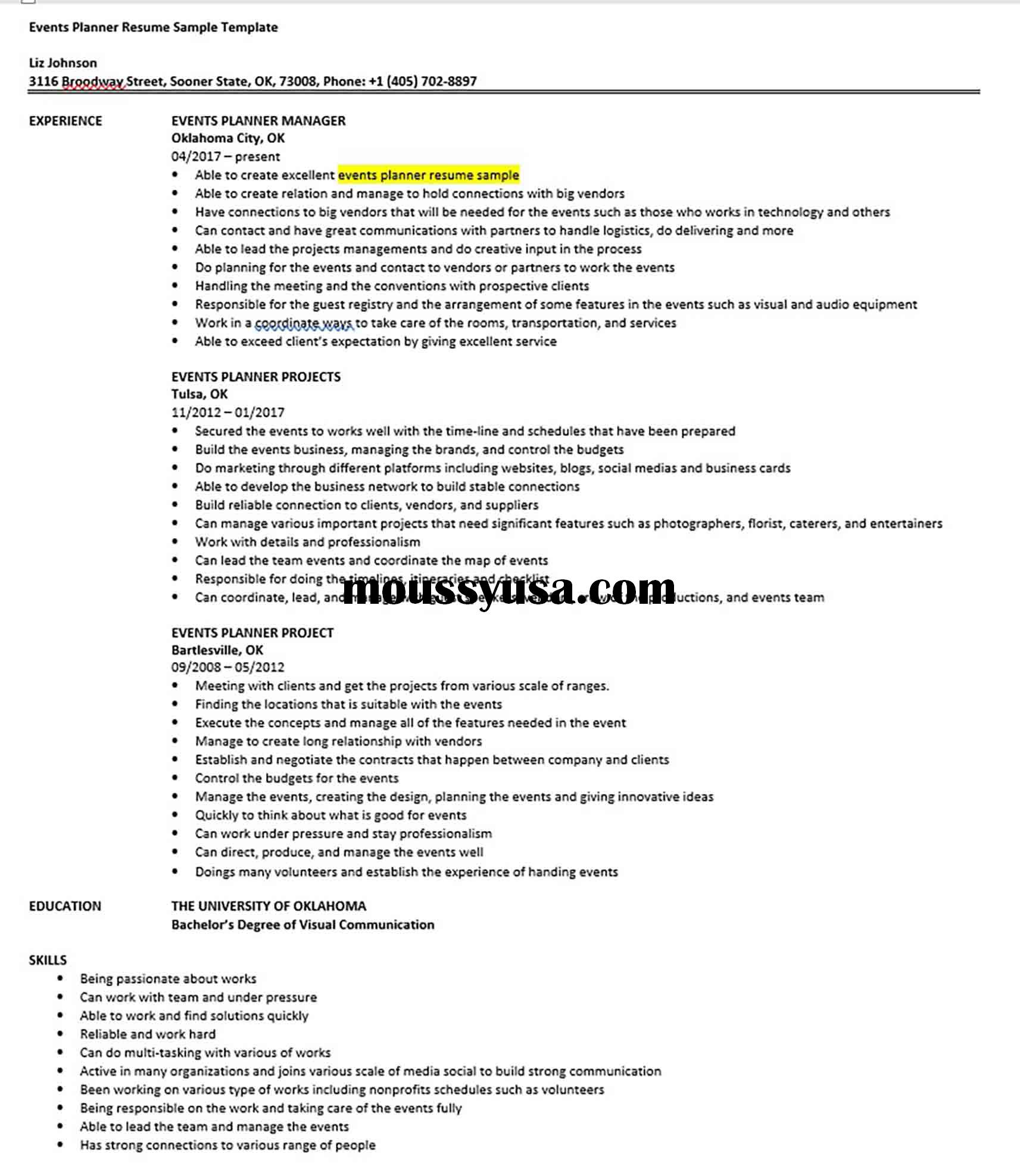 Events Planner Resume Sample Template 1