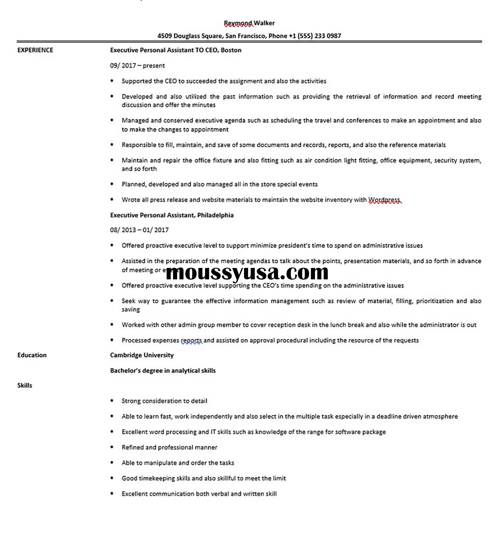 Executive Personal Assistant Resume Sample