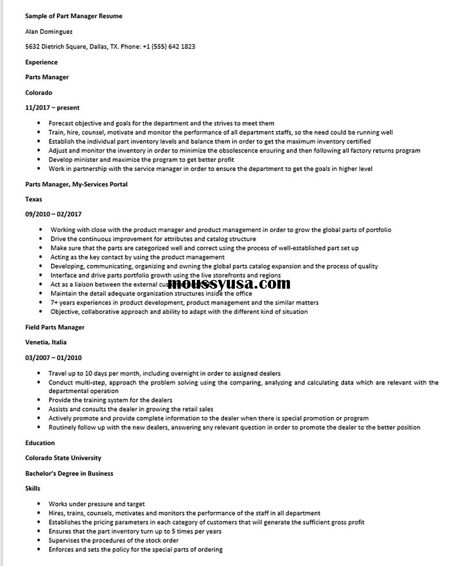 Sample of Part Manager Resume