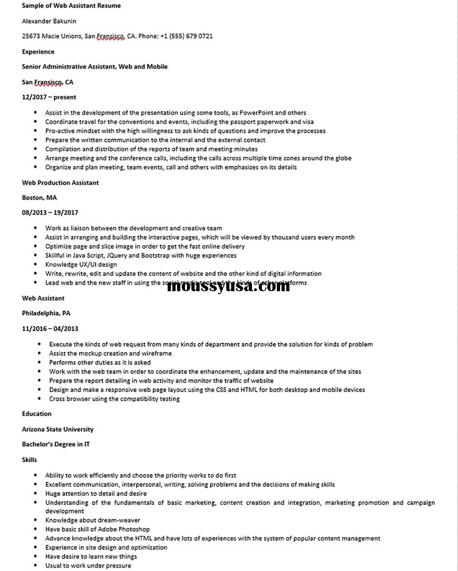 Sample of Web Assistant Resume
