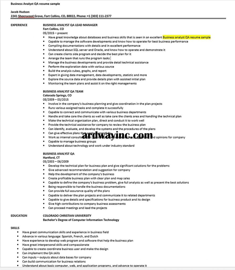 Business Analyst QA resume sample