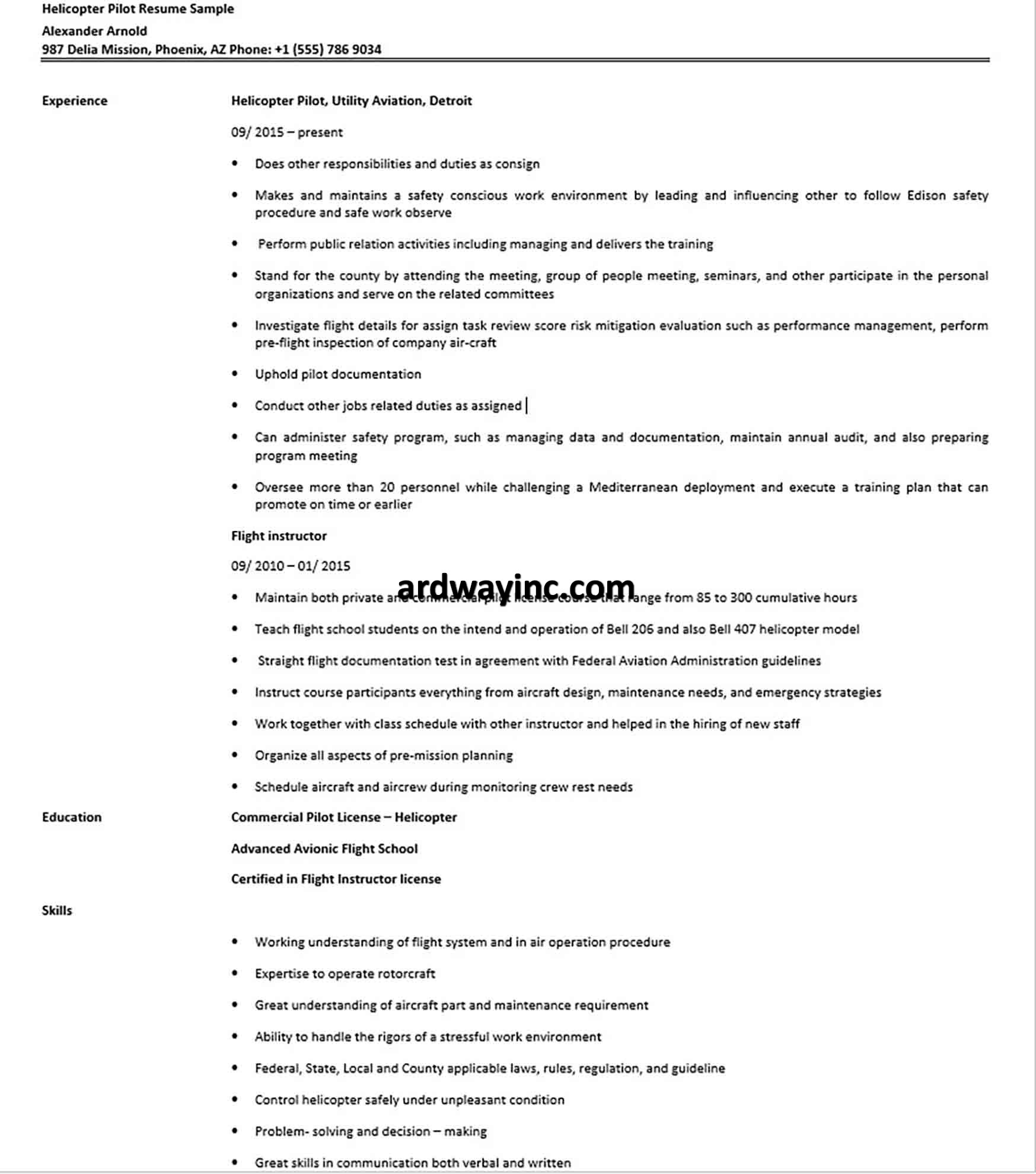 Helicopter Pilot Resume Sample