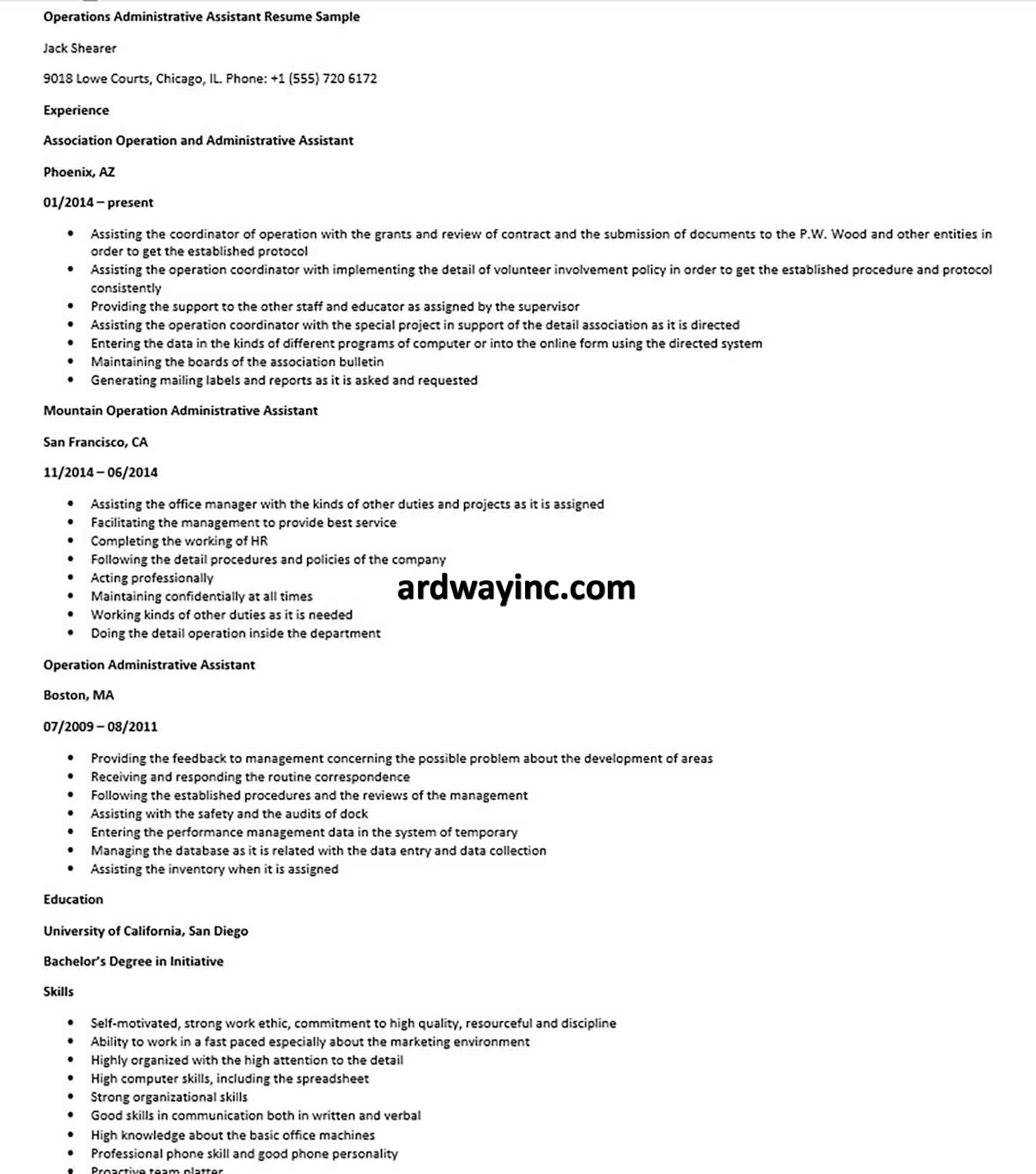 Operations Administrative Assistant Resume Sample