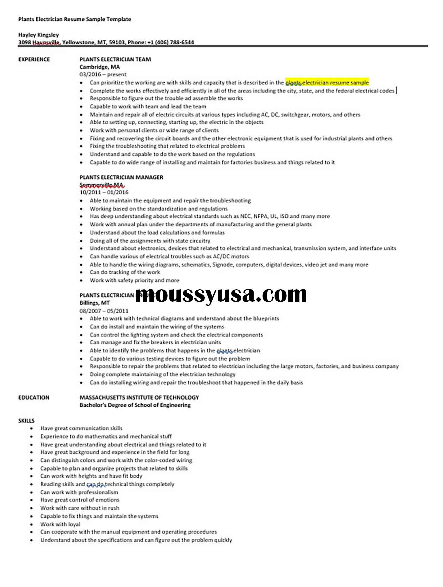 Plants Electrician Resume Sample Template