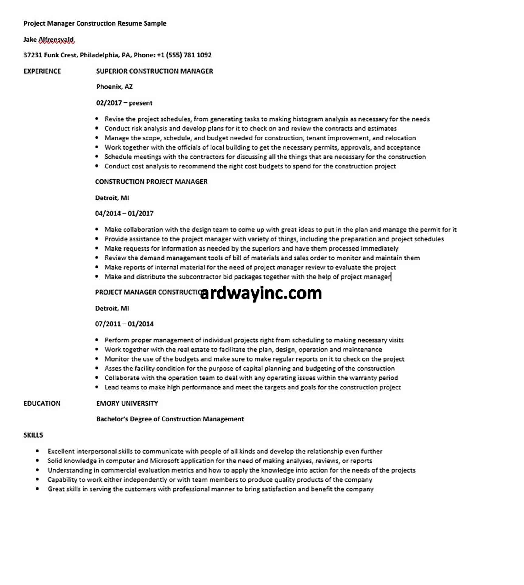Project Manager Construction Resume Sample