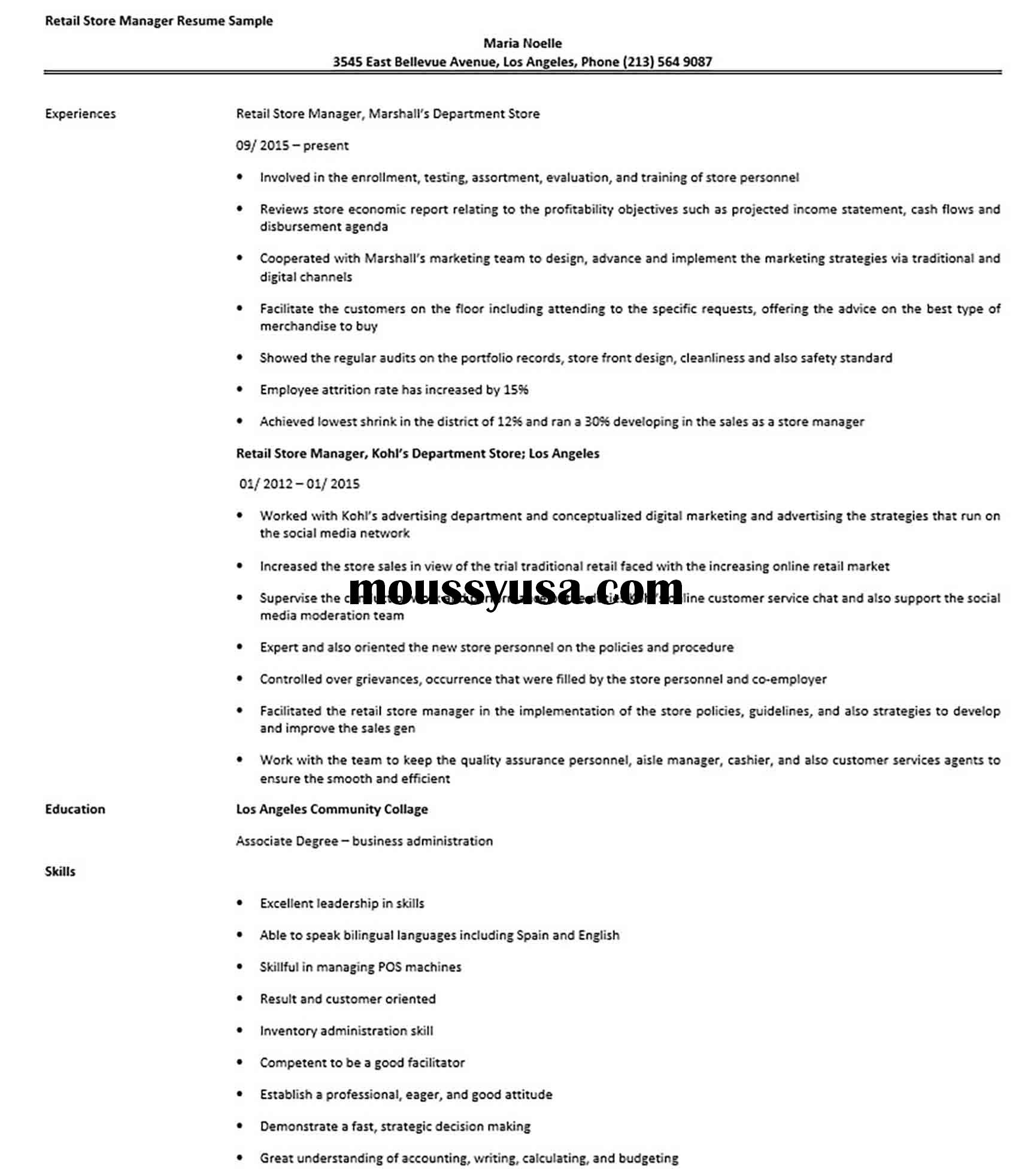 Retail Store Manager Resume Sample