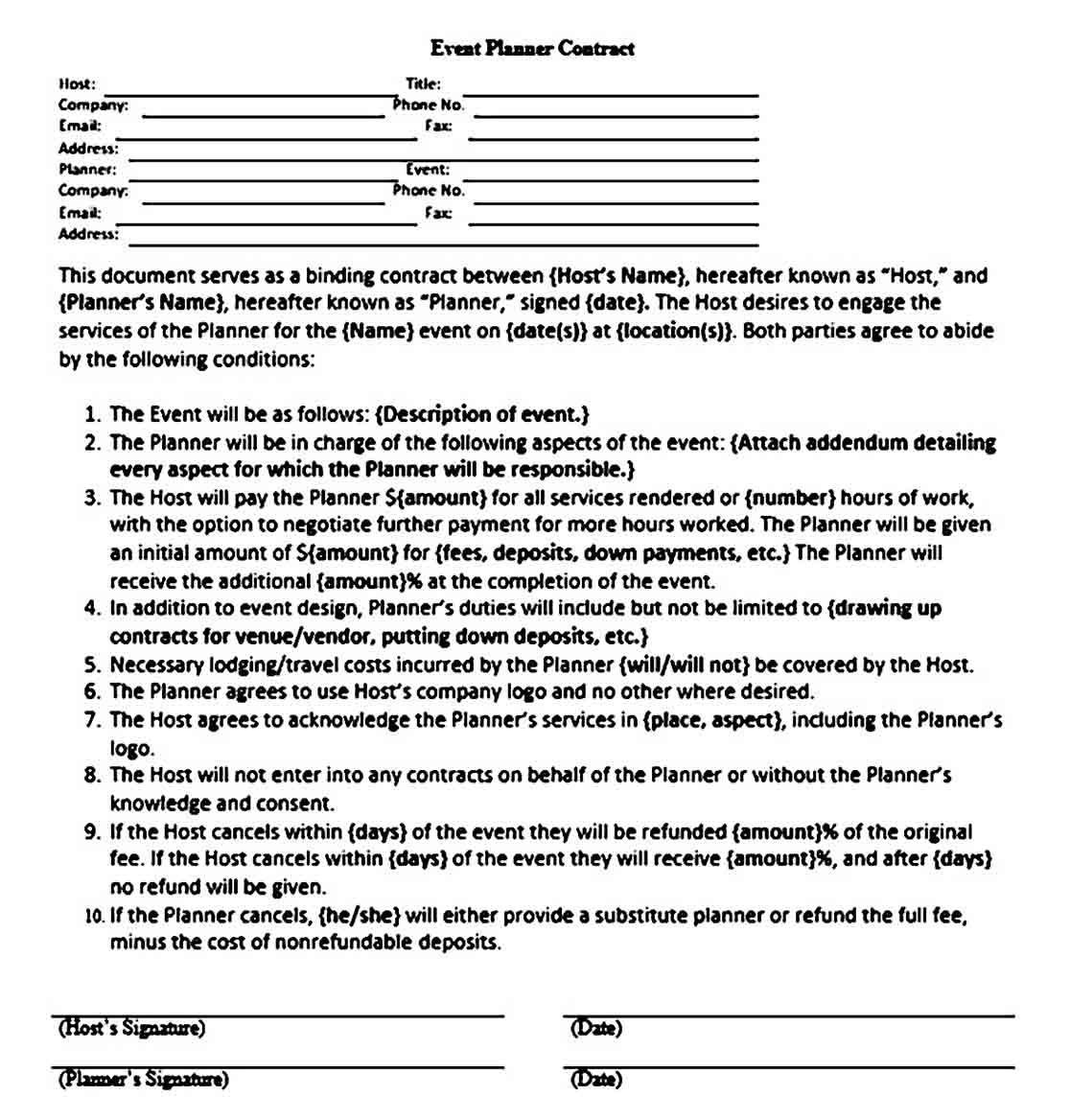 Basic Event Planner Contract Sample
