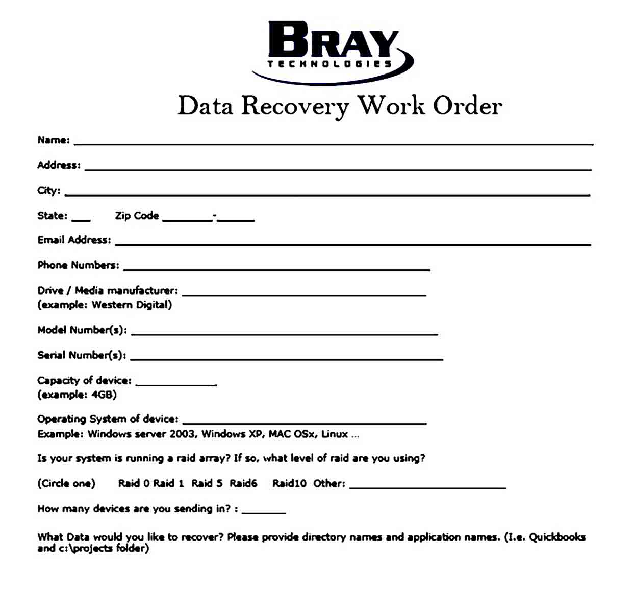 Data Recovery Work Order templates