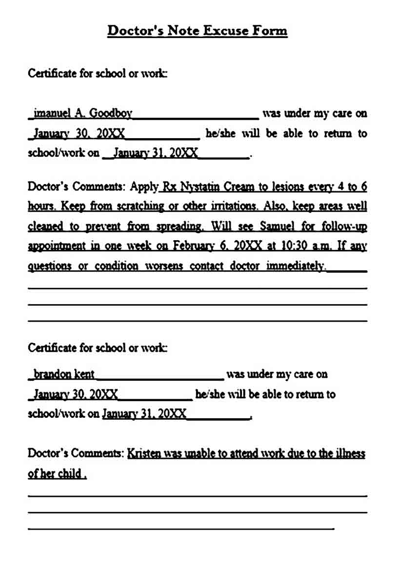 Doctors Note Excuse Form