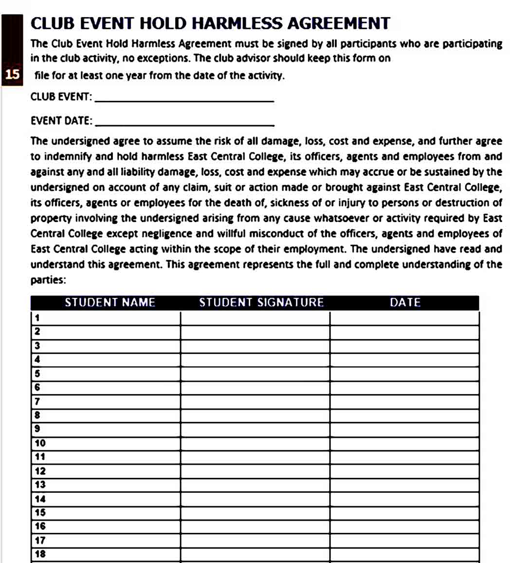 Event Hold Harmless Agreement