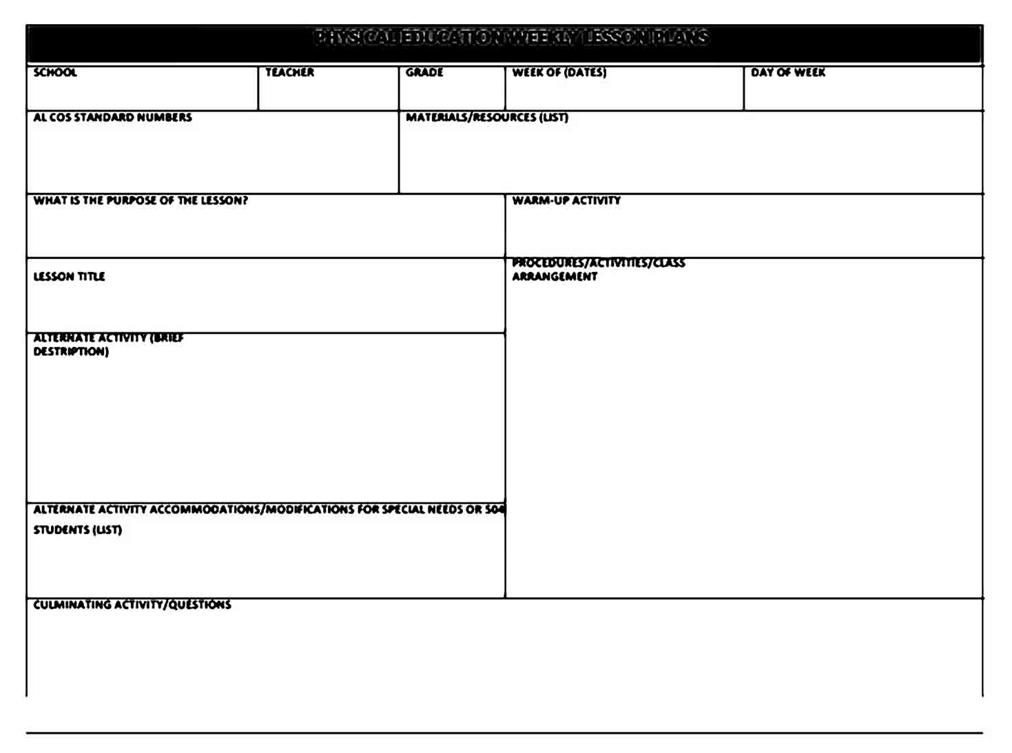 Example of Physical Education Lesson Plan templates