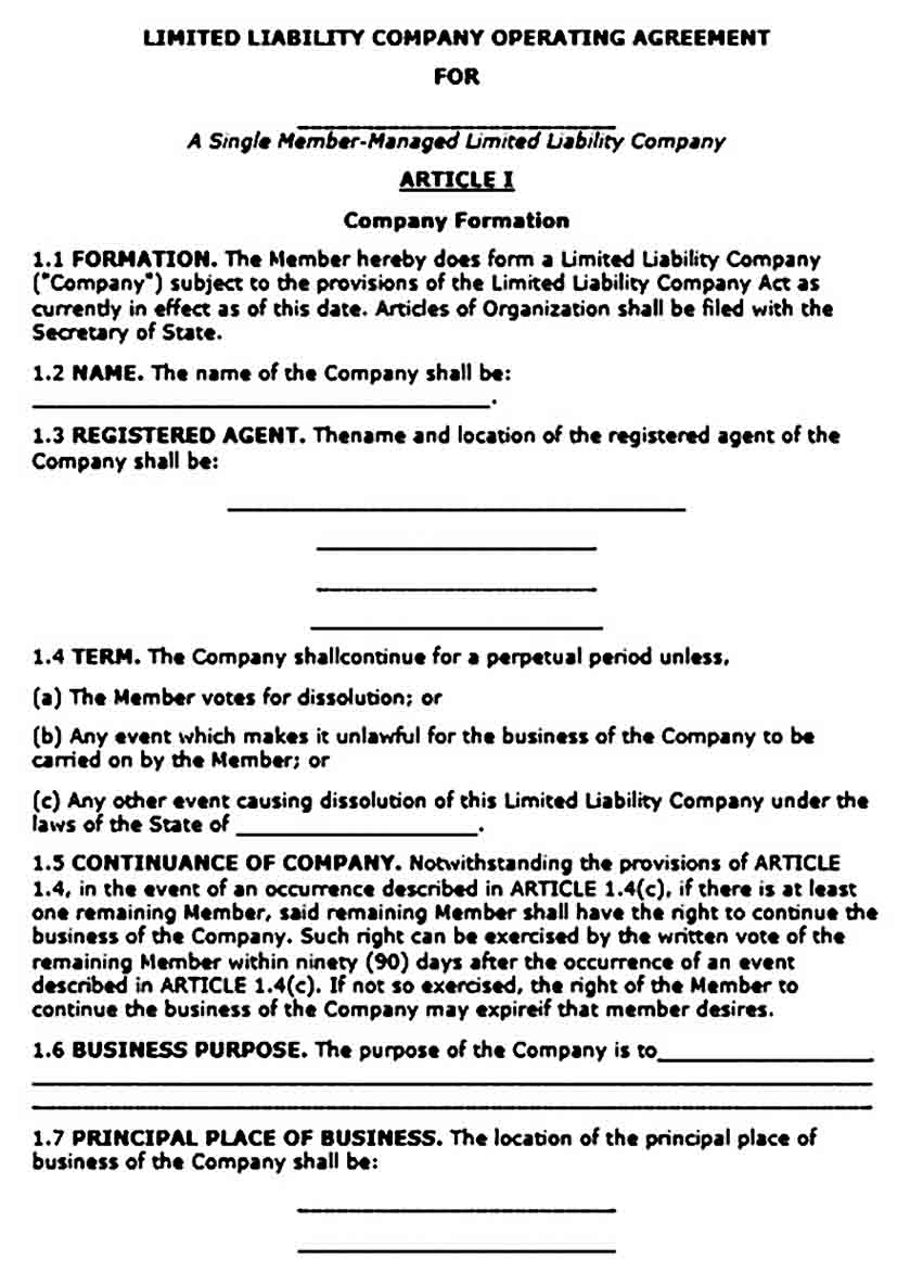 Operating Agreement templates Single Member LLC