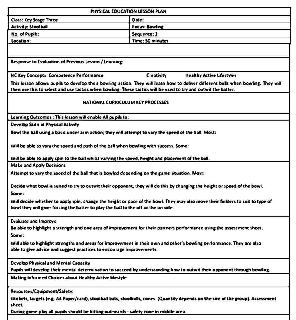 Physical Education Lesson Plan templates Example