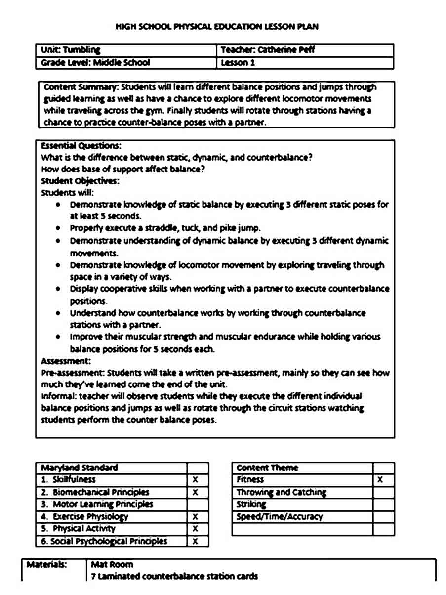 Physical Education Lesson Plan templates Word