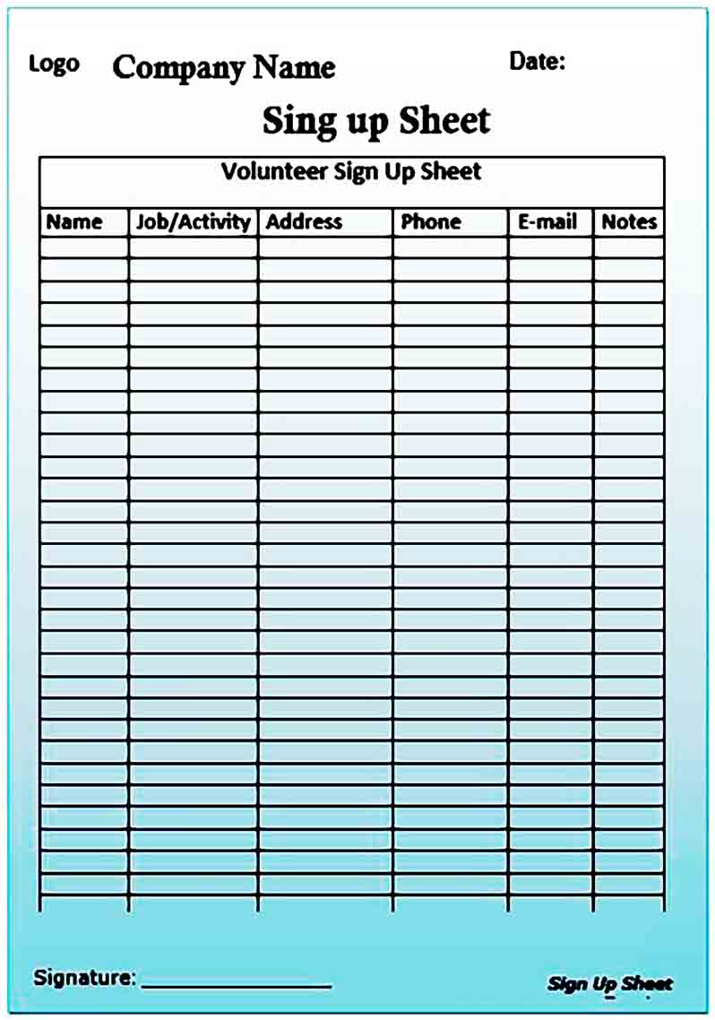 Printable Sign up Sheet templates