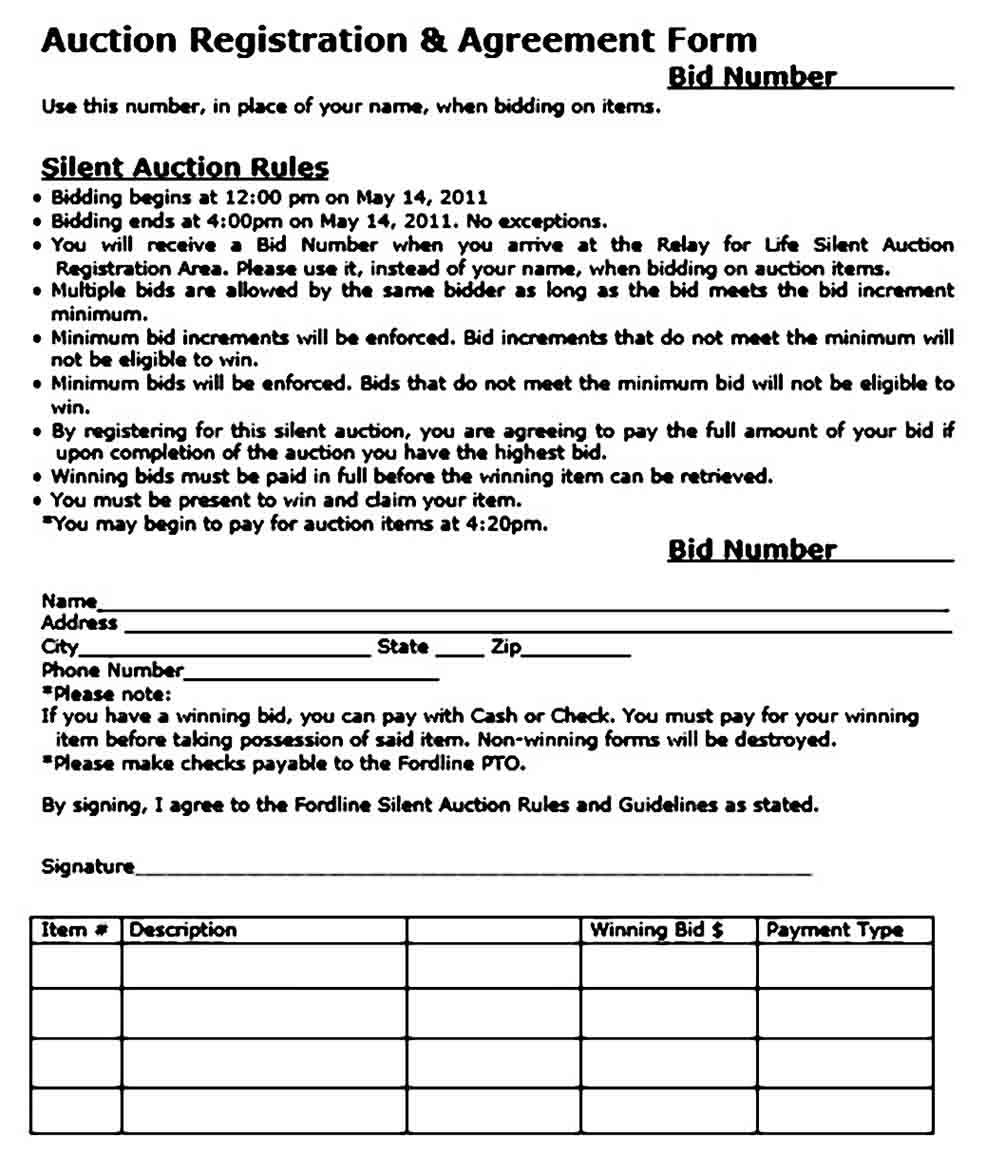 Registration Silent Auction Bid Sheet