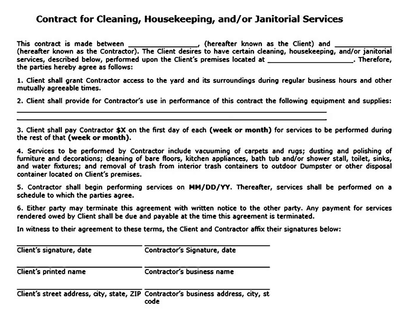 Residential Cleaning Contract Agreement