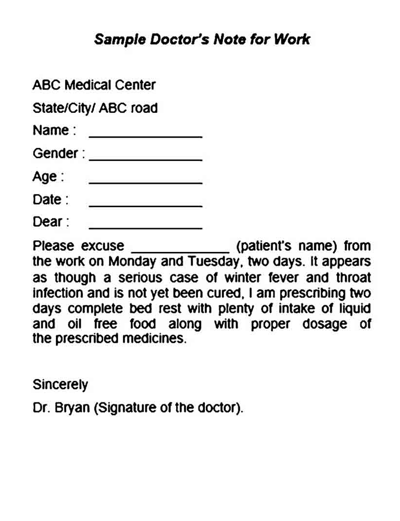 Sample Doctors Note for Work