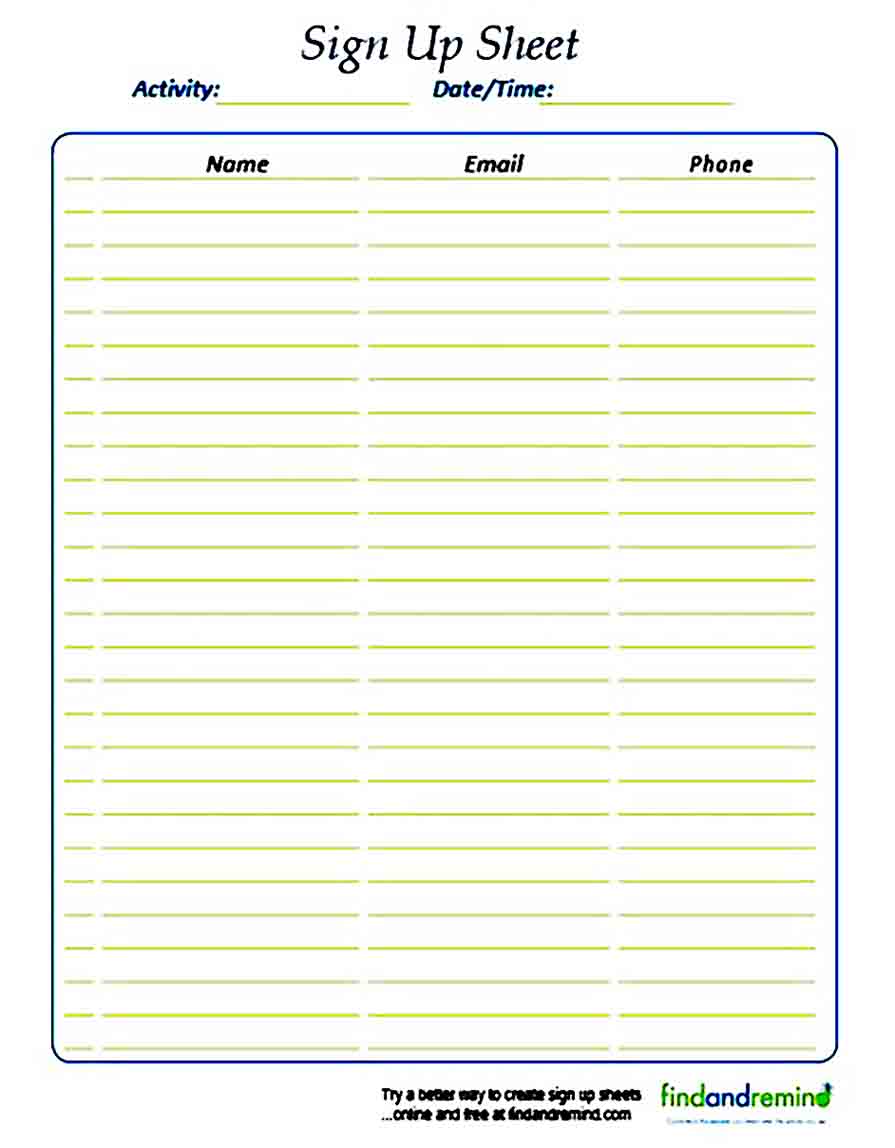 Sign Up sheet templates