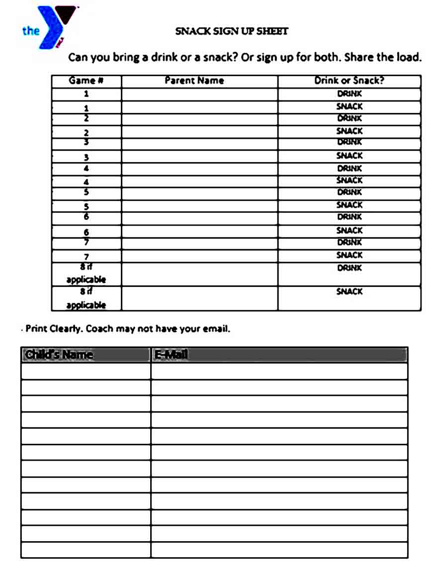 Snack Sign Up Sheet templates