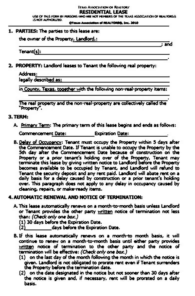 Texas Association Of Realtors Residential Lease Agreement