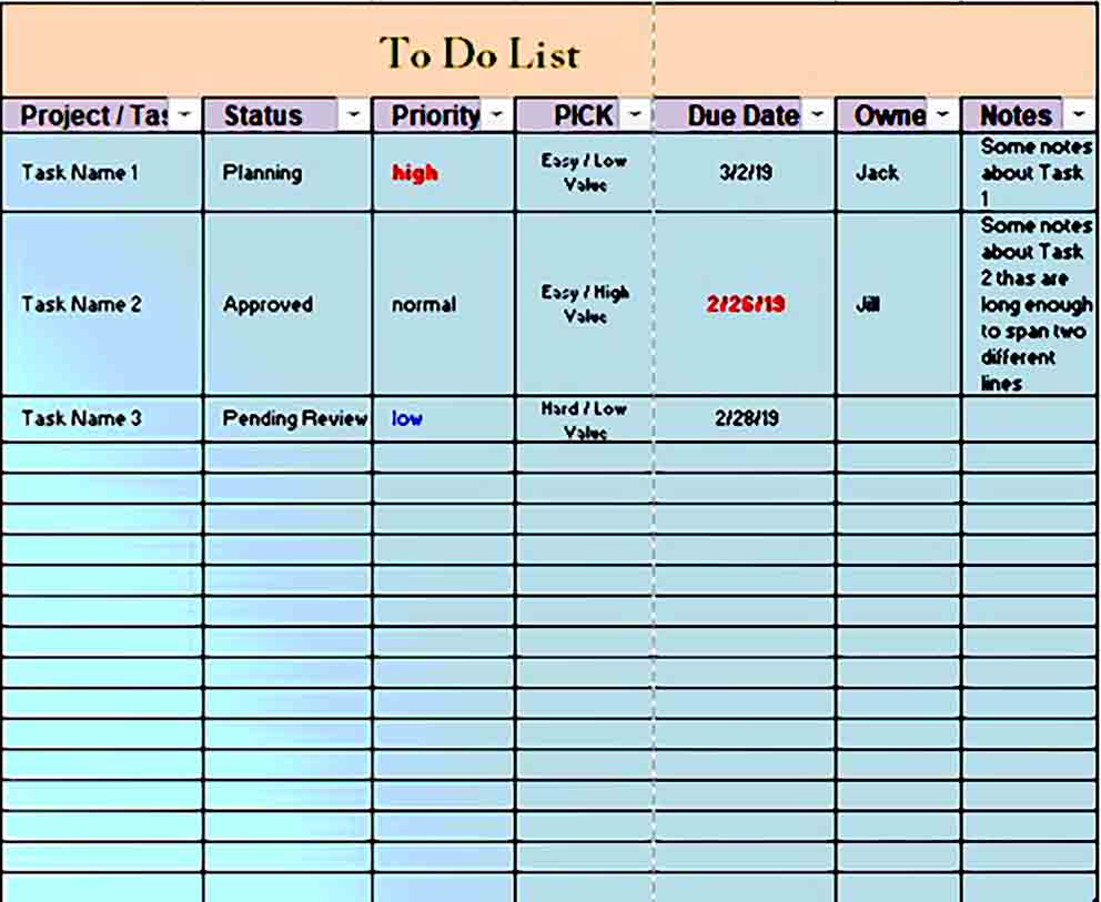 To Do List templates Excel