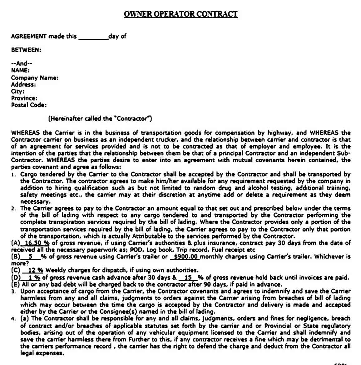 owner operator lease agreement with a carrier