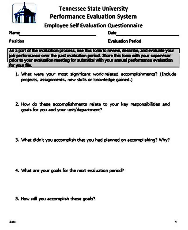 questionnaire employee self evaluation templates