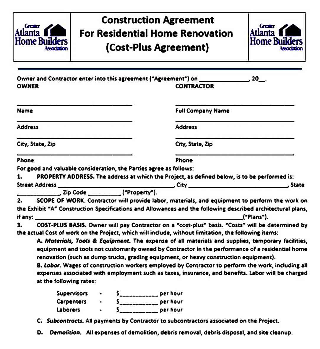 Construction Agreement For Residential
