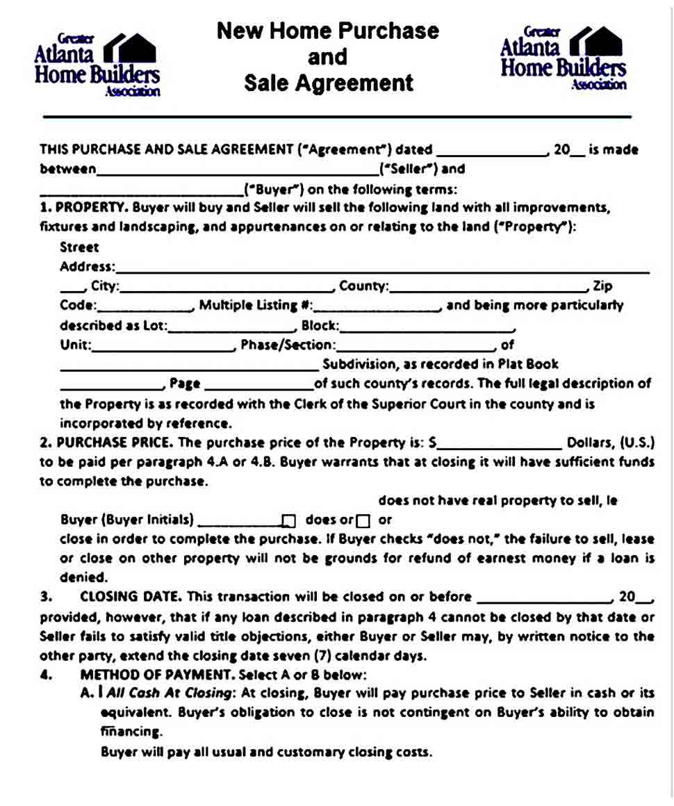 New Home Purchase and Sale Agreement Example