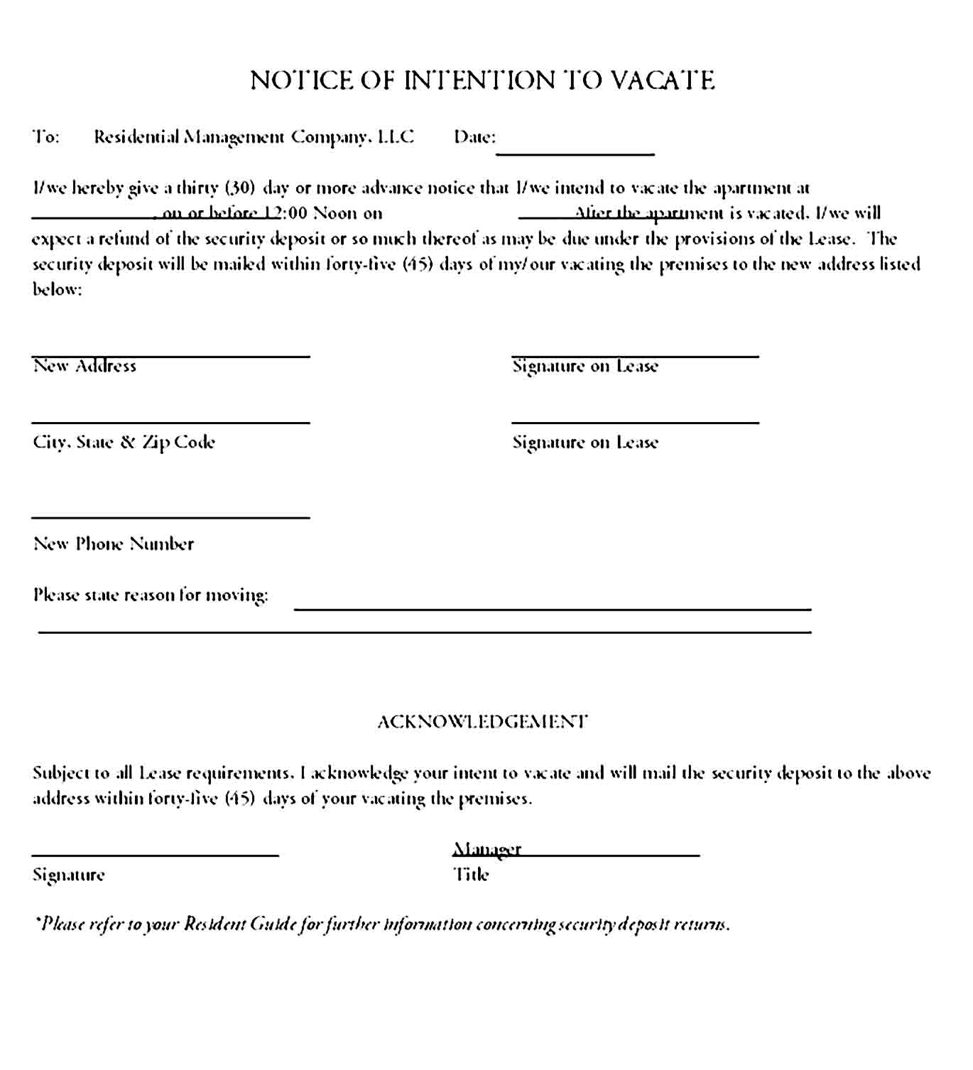 Notice of intention to vacate
