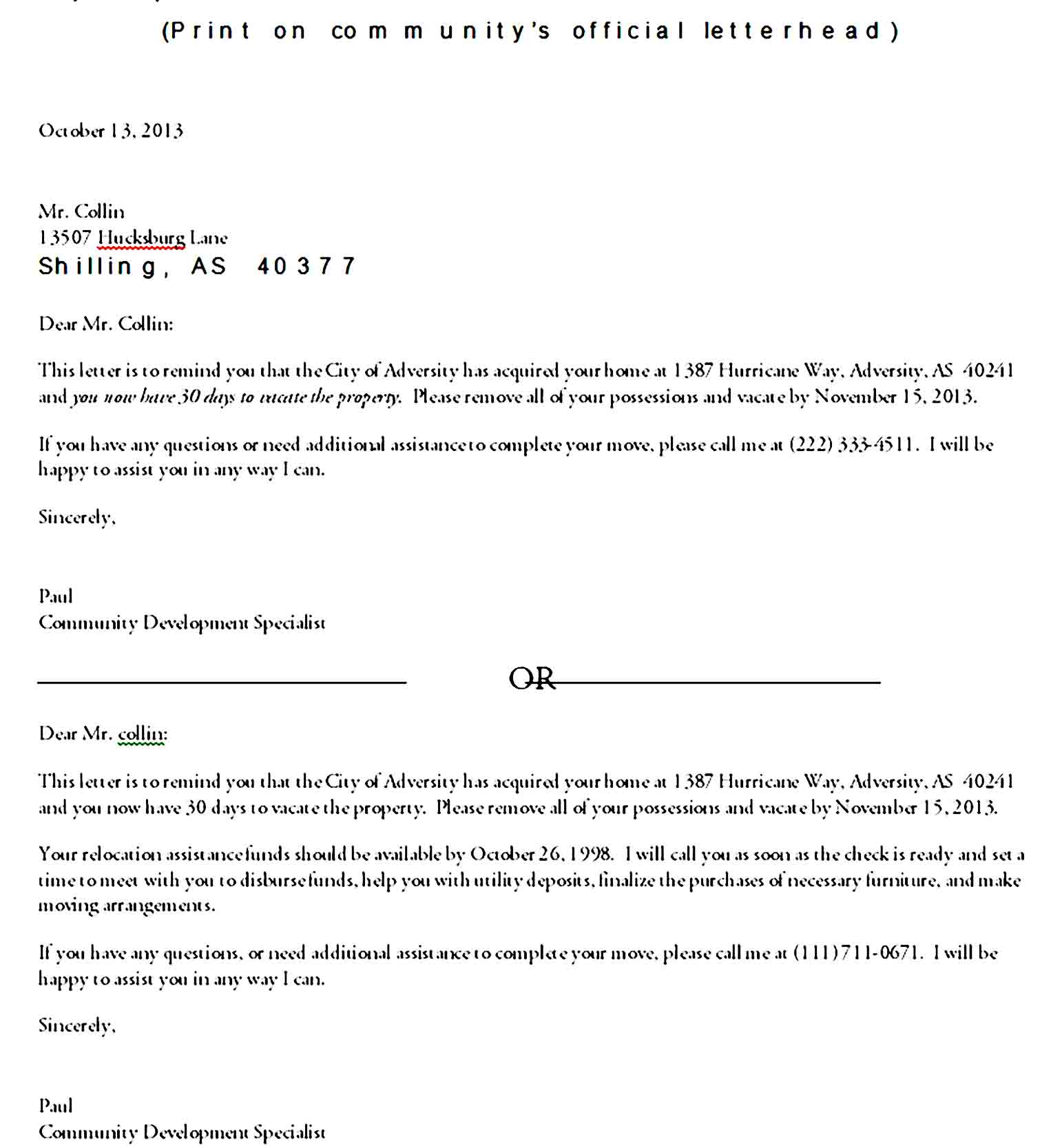 Sample 30 Day Notice to Vacate