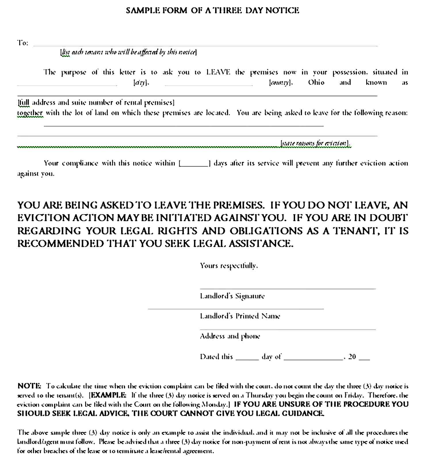 Sample form of a three day notice