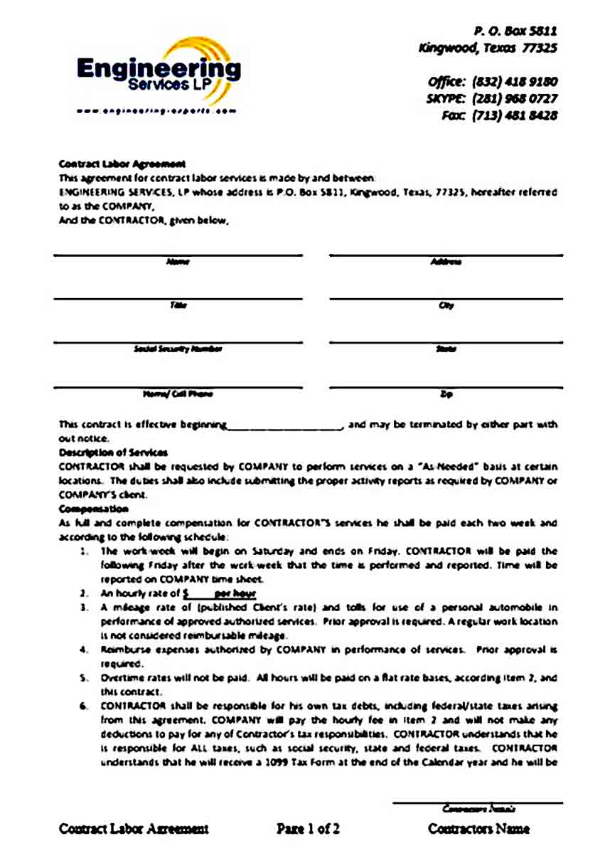 contract labor agreement word templates 1