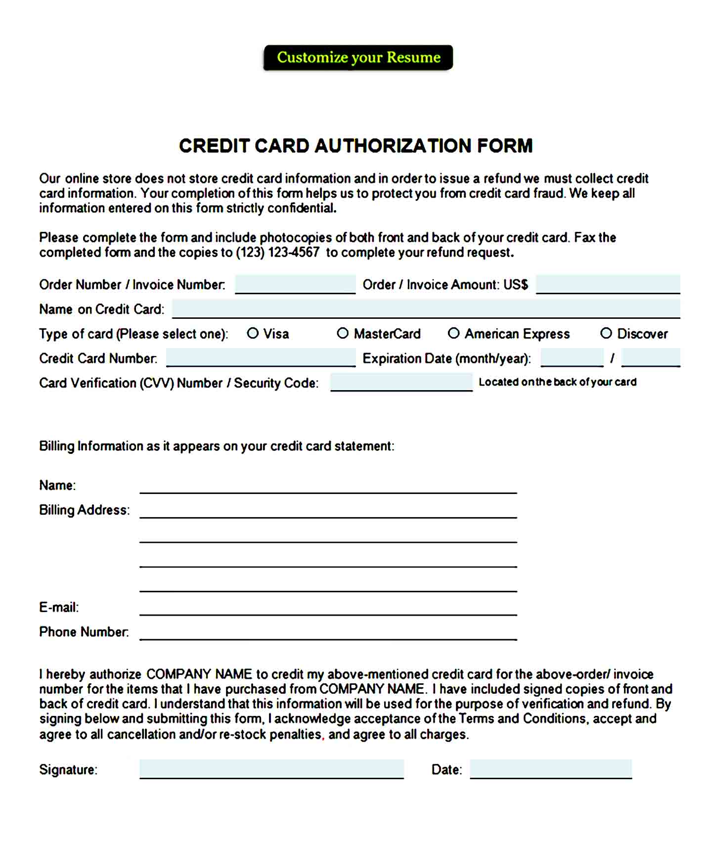 credit card authorization form template 20
