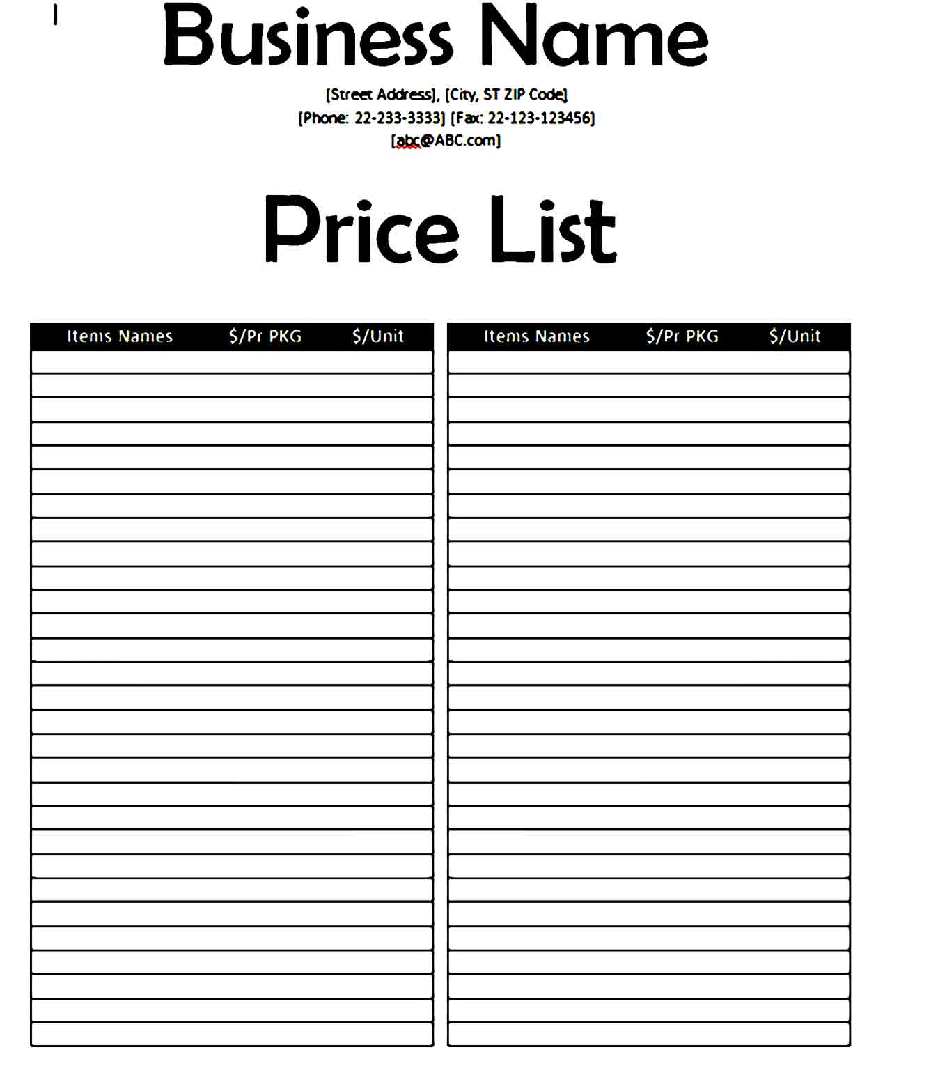 price list template 01