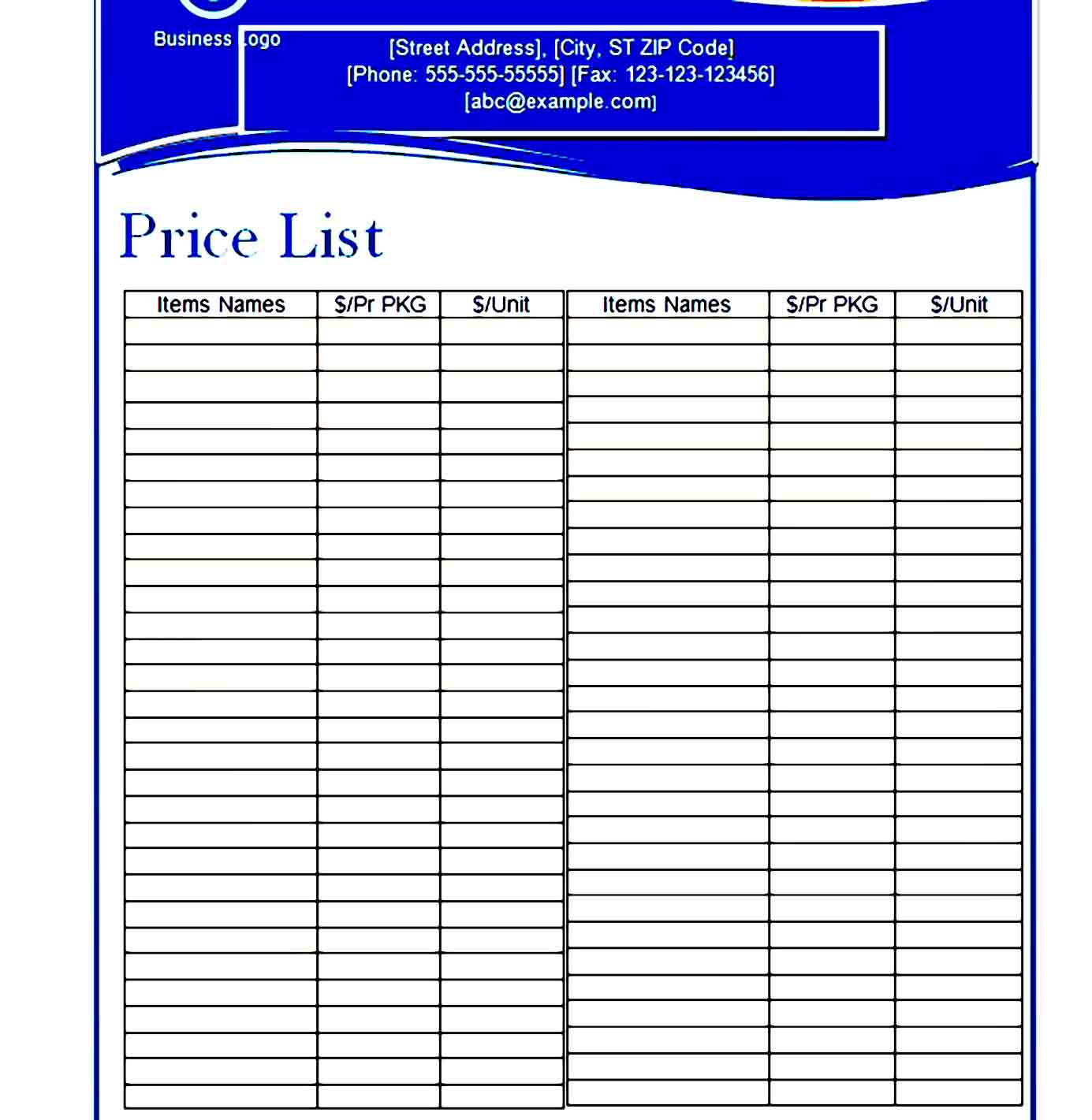 price list template 02