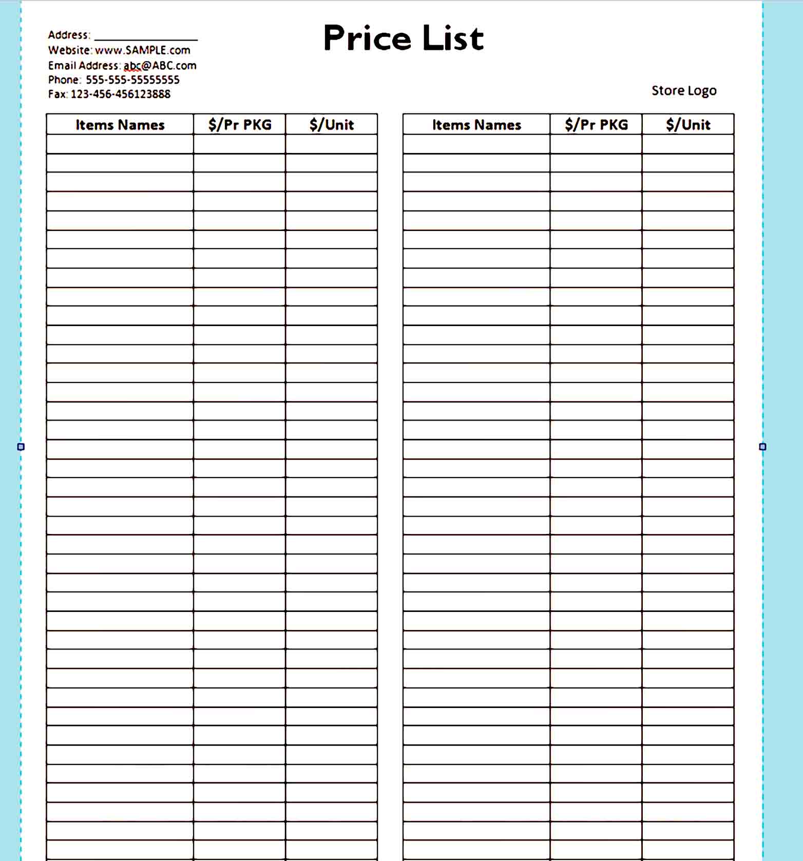 price list template 09