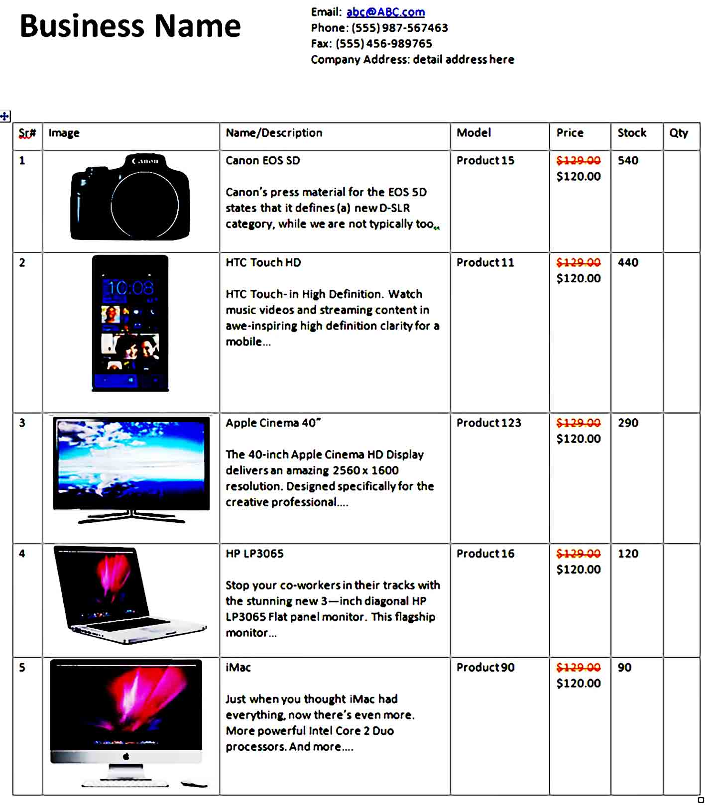 price list template 18