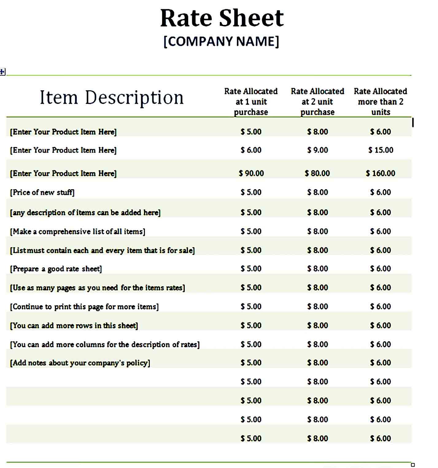 price list template 38