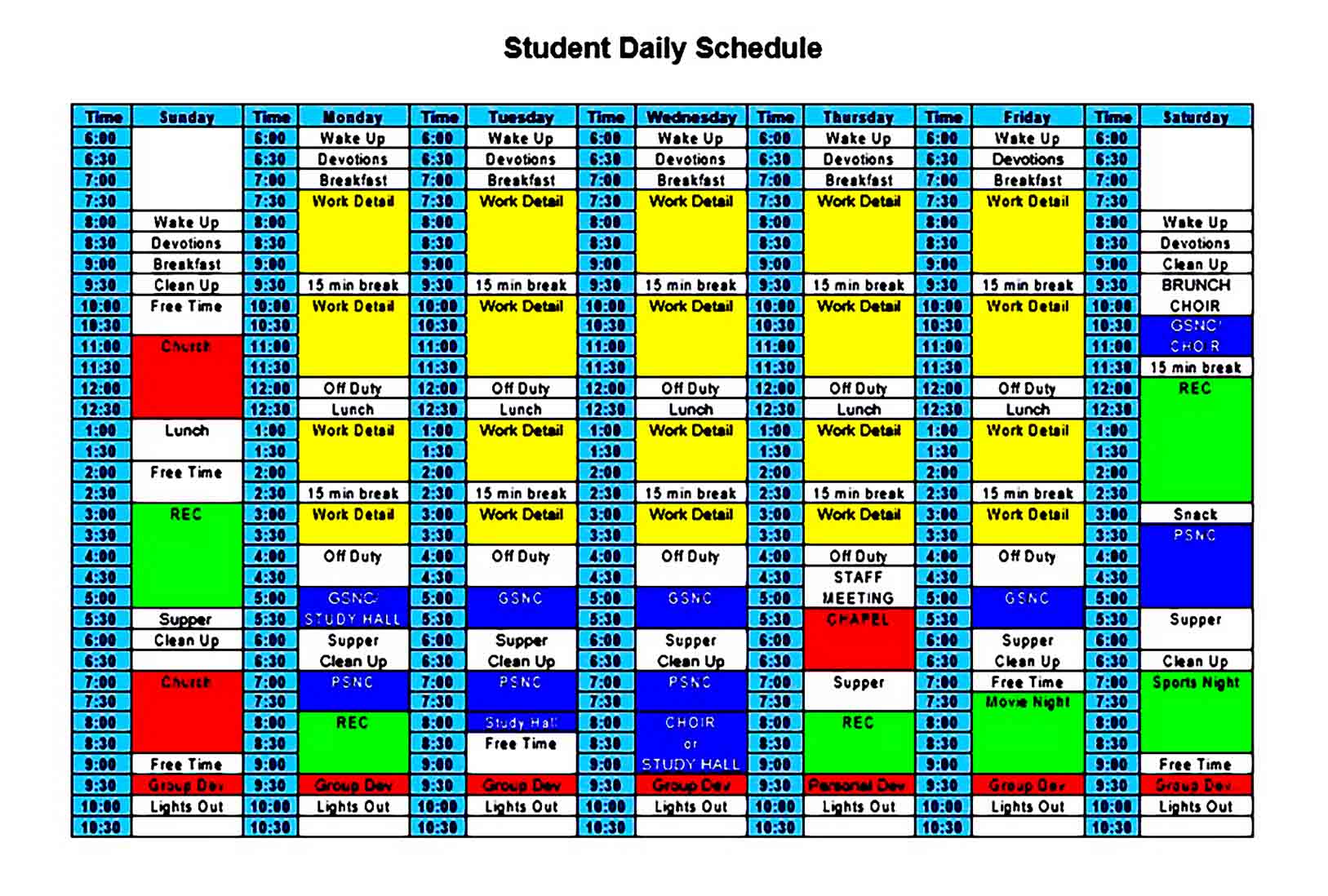 student daily schedule templates