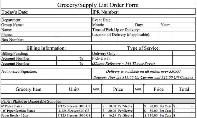 An Example for Grocery Supply List Order Inventory Form Templates Sample 1
