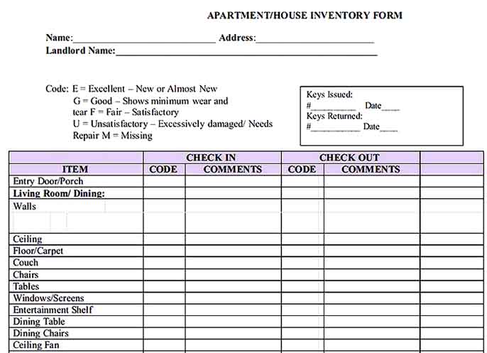 Apartment Property Inventory Sample Templates Sample