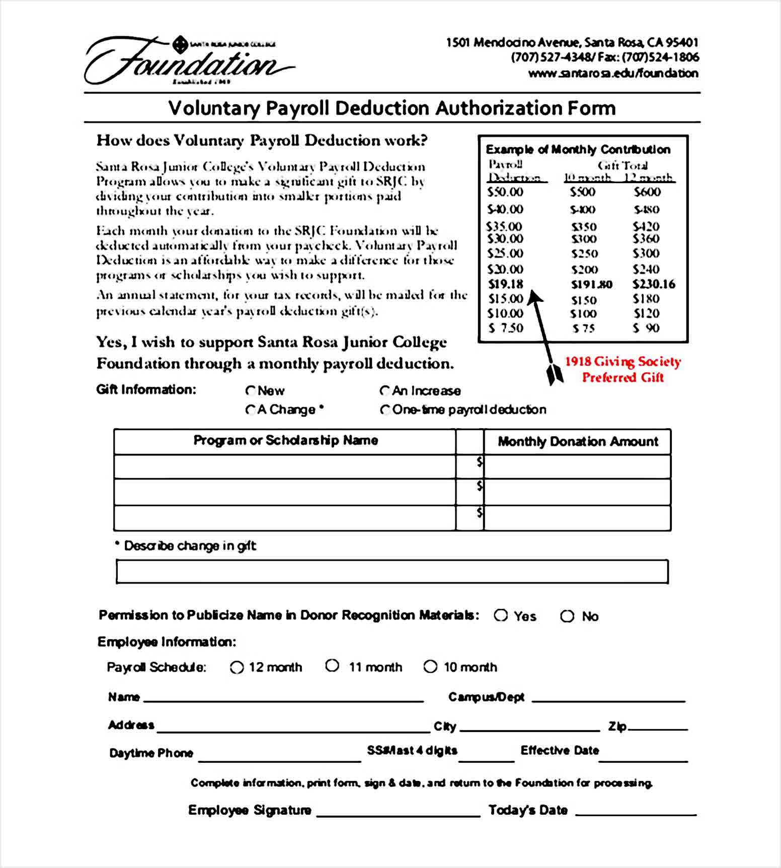 Authorization for Voluntary Payroll Deduction Form