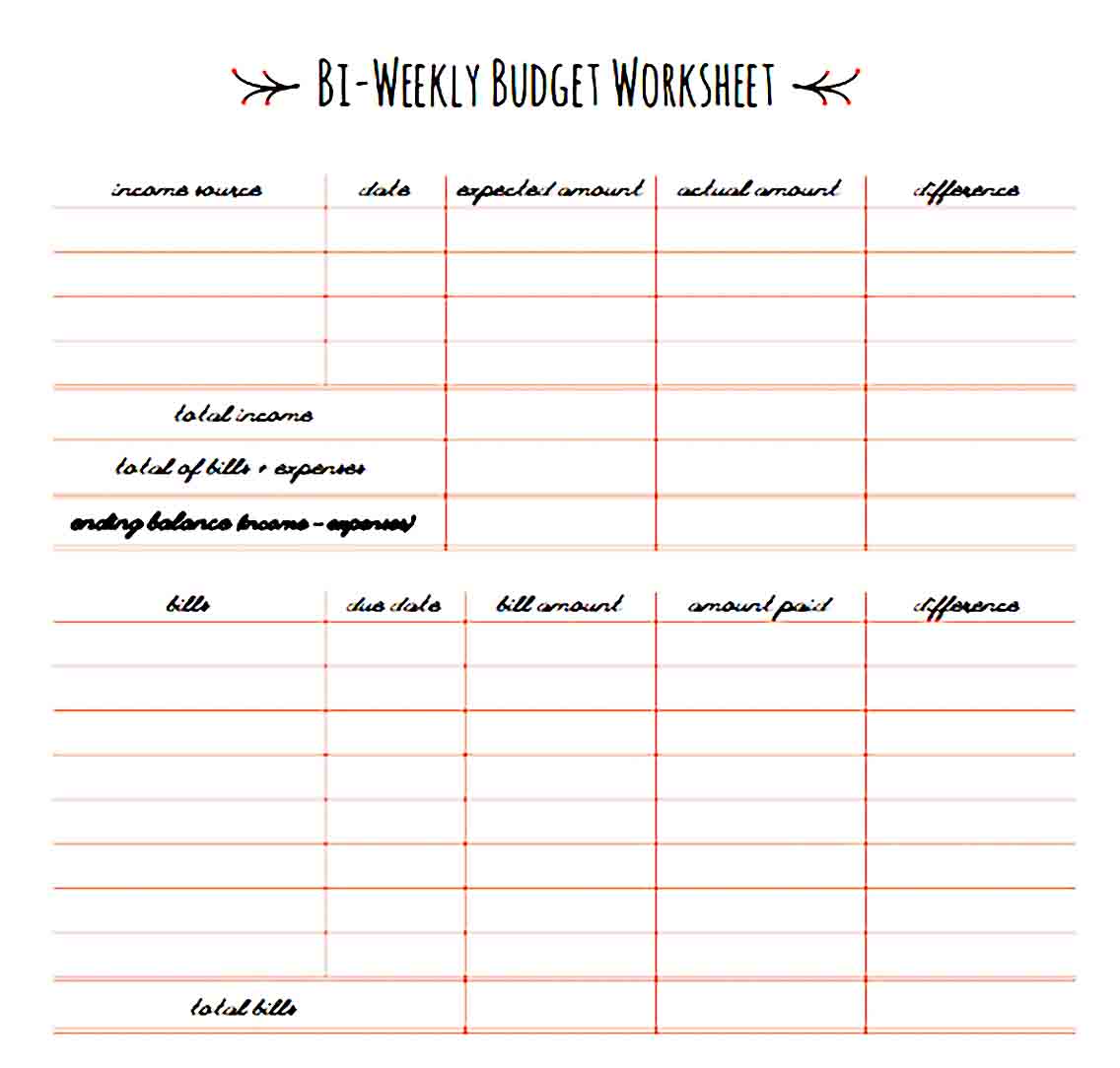 Bi Weekly Budget Worksheet