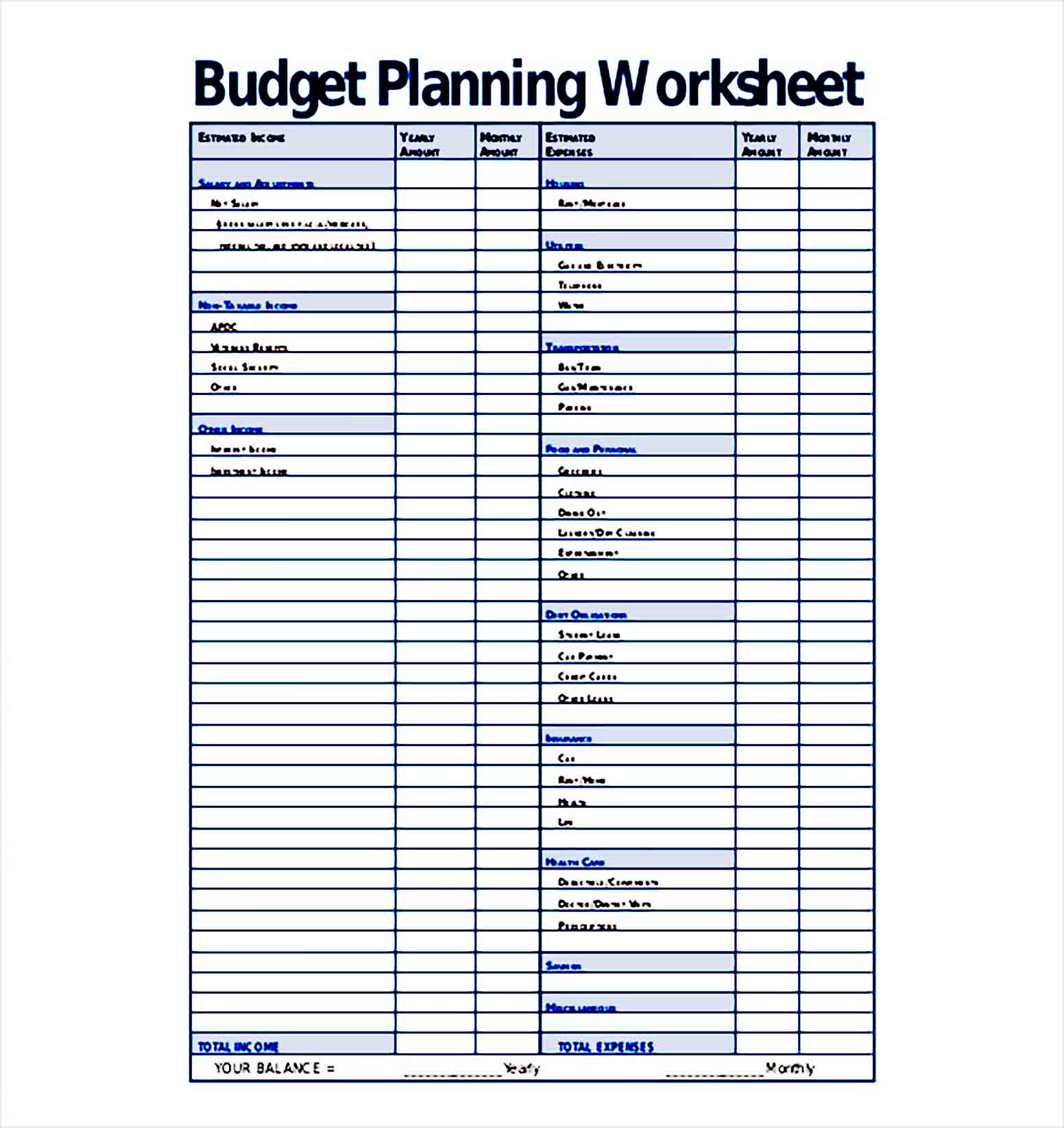 Budget Planning Worksheet Template