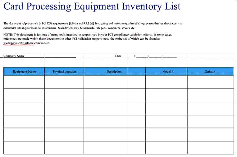 Card Processing Equipment Inventory List Templates Sample